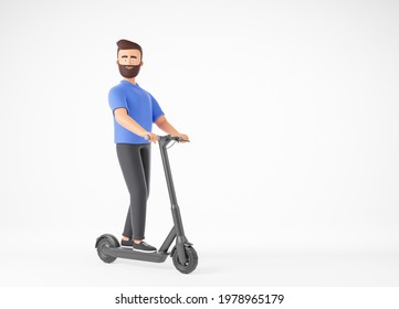 Happy Cartoon Beard Character Man In Blue T-shirt Ride Electric Kick Scooter Over White Background. Eco Friendly Urban City Transport Concept. 3d Render Illustration.