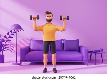 Happy Cartoon Beard Character Man T-shirt And Purple Shorts Does Exercises With Dumbbells At Cozy Purple Home Interior. 3d Render Interior.