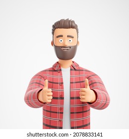 Happy Cartoon Beard Character Man In Red Plaid Shirt Showing Thumbs Up Isolated Over White Background. Good Feedback Reaction. 3d Render Illustration.