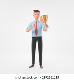 Happy Cartoon Character Businessman Hold Gold Prize Cup Isolated Over White Background. Leader Winner Concept. 3d Render Illustration.