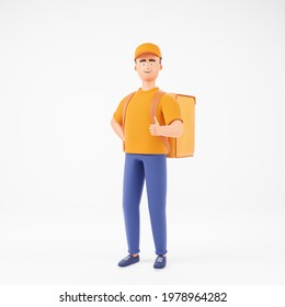 Happy cartoon character man courier in yellow t-shirt and cap with food backpack showing thumb up over white background. Shopping and delivery concept. 3d render illustration. - Powered by Shutterstock