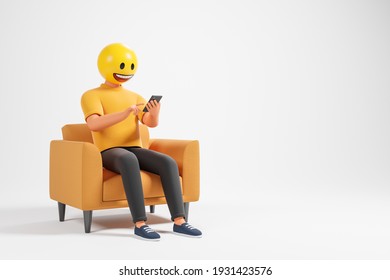 Happy Cartoon Character Man With Emoji Smile Head On Yellow Armchair  Using Smartphone Isolated Over White Background. Social Network And Messenger Emotion Concept. 3d Render Illustration.