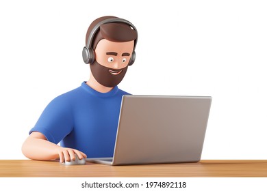 Happy cartoon character man in headphones work with laptop on the wooden table isolated over white background. Online business and education concept. 3d render illustration. - Powered by Shutterstock