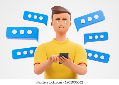 Happy Cartoon Character  Man In Yellow Tshirt Use Smartphone Over White Background With Blue Text Bubbles. 3d Render Illustration.