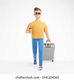 Happy Cartoon Character Man In Yellow T-shirt And Sunglasses Walk With Coffee And Silver Suitcase Over White Background. 3d Render Illustration.