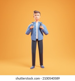 Happy Cartoon Character Student Man In Blue Shirt Stand With Backpack Over Yellow Background. University Education Concept. 3d Render Illustration.