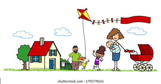 Happy cartoon family flying a kite in front of a house with a garden - Powered by Shutterstock