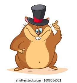 Happy Cartoon Groundhog Wearing Mayor Hat. Illustration With Cute Marmot Waving. Happy Groundhog Day Theme
