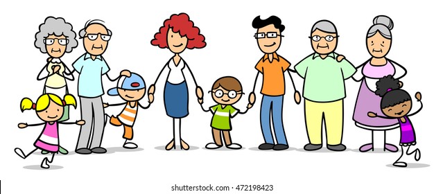 Happy Cartoon Patchwork Family With Many Kids And Grandparents