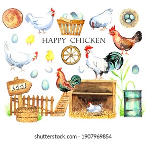 Happy Chicken Clipart. Farm Animals, Rooster, Hen, Bio Eggs, Coop, Chicks, Nest, Eco Village. Isolated Elements. Stock Illustration. Hand Painted In Watercolor.