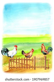 Happy Chicken Clipart. Farm Animals, Rooster, Hen, Bio Eggs, Coop, Chicks, Nest, Eco Village. Isolated Elements. Stock Illustration. Hand Painted In Watercolor.