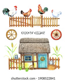 Happy Chicken Clipart. Farm Animals, Rooster, Hen, Bio Eggs, Coop, Chicks, Nest, Eco Village. Isolated Elements. Stock Illustration. Hand Painted In Watercolor.