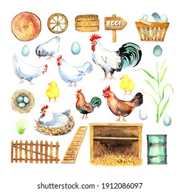 Happy Chicken Clipart. Farm Animals, Rooster, Hen, Bio Eggs, Coop, Chicks, Nest, Eco Village. Isolated Elements. Stock Illustration. Hand Painted In Watercolor.