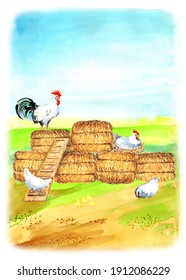 Happy Chicken Clipart. Farm Animals, Rooster, Hen, Bio Eggs, Coop, Chicks, Nest, Eco Village. Isolated Elements. Stock Illustration. Hand Painted In Watercolor.