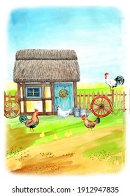 Happy Chicken Clipart. Farm Animals, Rooster, Hen, Bio Eggs, Coop, Chicks, Nest, Eco Village. Isolated Elements. Stock Illustration. Hand Painted In Watercolor.