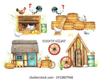 Happy Chicken Clipart. Farm Animals, Rooster, Hen, Bio Eggs, Coop, Chicks, Nest, Eco Village. Isolated Elements. Stock Illustration. Hand Painted In Watercolor.