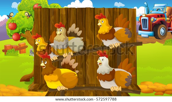 Happy\
chickens on the farm - illustration for\
children