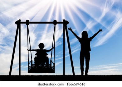 Happy child is disabled in a wheelchair on an adaptive swing for disabled children with mom. Lifestyle and support for disabled children - Powered by Shutterstock