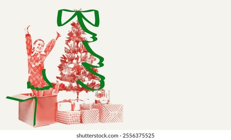 Happy child, girl popping out of present box next to decorated Christmas tree, outlined with green hand drawn doodles. Creative illustration. Christmas and New year, winter holidays, fantasy concept - Powered by Shutterstock