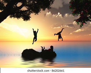 Happy childhood: Three kids bathing in the see at sunset - Powered by Shutterstock