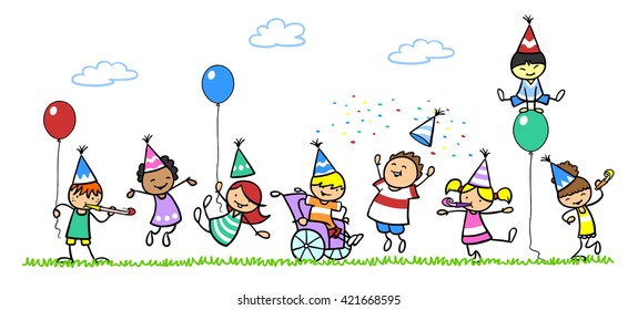 Happy children celebrating birthday with boy in wheelchair - Powered by Shutterstock