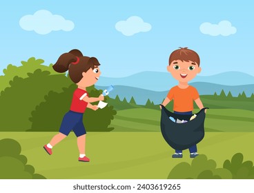 Happy children collect garbage trash in green nature summer landscape illustration. Cartoon boy child volunteer holding bag, girl cleaning, collect plastic bottle, kids volunteering background - Powered by Shutterstock