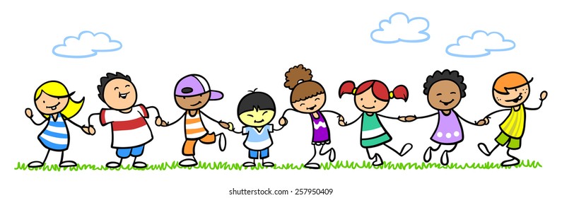 Happy children dancing hand in hand in summer on a meadow