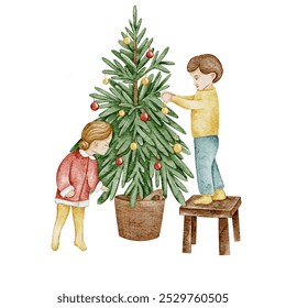 Happy children decorating christmas tree. Kids preparing for holiday celebration. Merry Xmas and New Year watercolor cartoon characters style vector illustration isolated on white background - Powered by Shutterstock