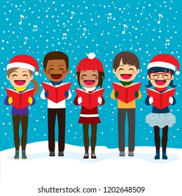 Happy children friends from different ethnicities singing carols at Christmas night - Powered by Shutterstock