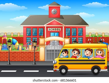 Happy children going to school with school bus - Powered by Shutterstock