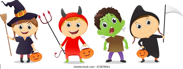 Happy Children Halloween Party Trick Treating Stock Illustration ...