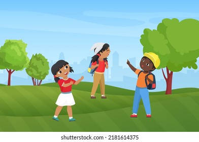 Happy Children Hike In Summer Park Nature Landscape Illustration. Cartoon Preschool Funny Boy Girl Child Characters With Backpacks Hiking, Diverse Kids Hikers Tourists Camping Background