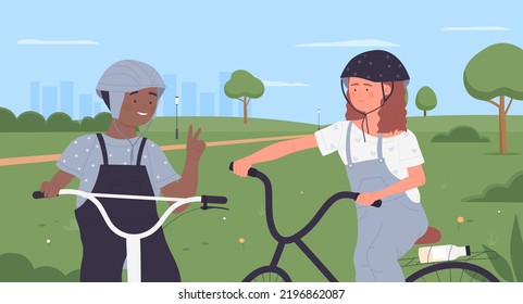 Happy Children Ride Bikes In Summer Green Park Landscape, Healthy Sport Lifestyle Illustration. Cartoon Girl Boy Child Character In Helmets Riding Bicycles, Active Kids Have Fun Background