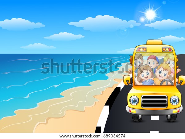 Happy children\
riding a car in the seaside\
road