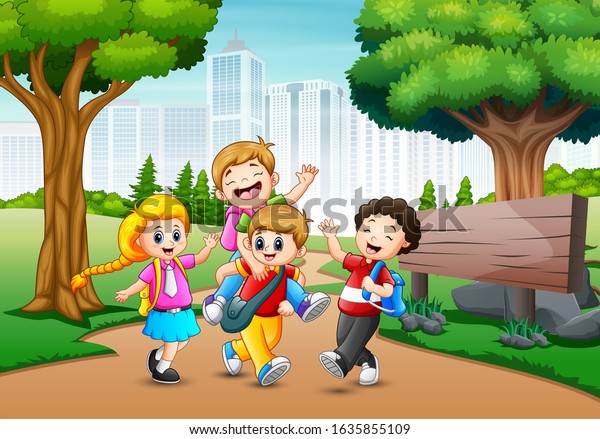 Happy Children Walking Pass Through Park Stock Illustration 1635855109