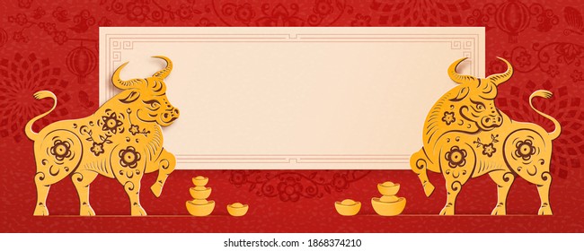 Happy Chinese New Year 2021 Year Of Metal Ox Lunar Holiday Design. Golden Ox, Gold Ingot, Flower, Paper Cut Banner Design. Bull Animals, Decorative Ornament