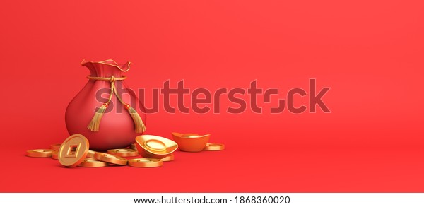 Happy Chinese new year decoration with red\
pouch money bag, Chinese gold coins, copy space text, wide\
composition, 3D rendering\
illustration