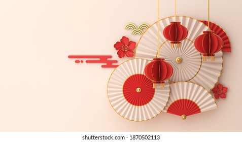 Happy Chinese new year or mid autumn decoration background with red paper hand fan umbrella, flower and lantern, copy space text, 3D rendering illustration