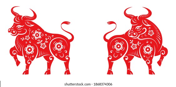 Happy Chinese New Year text translation. 2021 year of Metal Ox lunar holiday design. bull animals with decorative flower ornaments, fortune written in Chinese. CNY symbol, Taurus horoscope sign - Shutterstock ID 1868374306