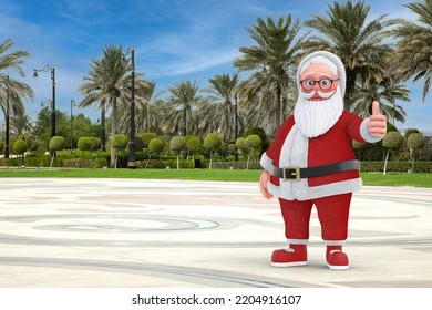 Happy Christmas and New Year Greeting Concept. Cartoon Cheerful Santa Claus Granpa Giving Thumb Up on an Empty City Street with Palm Trees extreme closeup. 3d Rendering - Powered by Shutterstock