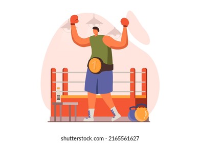 Happy competition champions web concept in flat design. Boxer wins title and champion belt in champioship at ring. Victory celebration and goals achivement. Illustration with people scene
