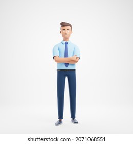 Happy Confident Cartoon Character Businessman With Cross Hands In Blue Shirt Stand Isolated Over White Background. Leader Success Concept. 3d Render Illustration.