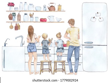 Happy cooking is a collection of high-quality hand-drawn watercolor and line art illustrations of happy family baking and cooking at home kitchen.  - Powered by Shutterstock