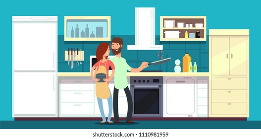 Happy couple cooking in kitchen illustration. Man and woman happy on kitchen cooking - Powered by Shutterstock