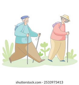 Happy couple of elderly people hiking in mountains with trekking poles. Retirement travel vector illustration. - Powered by Shutterstock