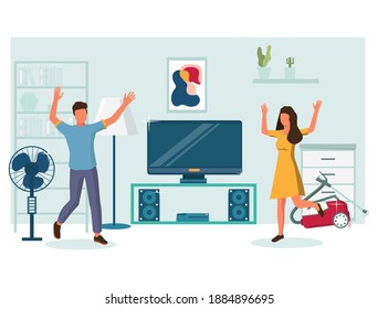 Happy Couple Enjoying Purchasing Of New Home Theater, Vacuum Cleaner And Pedestal Fan Flat Illustration. Shopping For Electronics And Household Appliances Concept For Web Banner, Website Page.