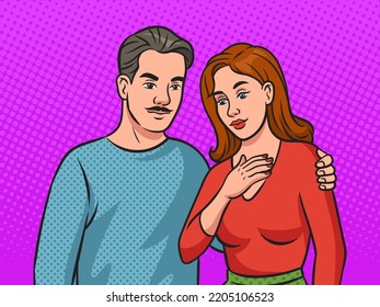 Happy Couple Family Pinup Pop Art Retro Raster Illustration. Comic Book Style Imitation.