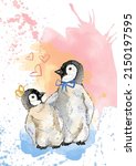 Happy couple penguins with watercolor blue and pink blots. Watercolor illustration of an antarctic bird on a white background with color blots and hearts. Wedding illustration