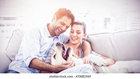 Happy couple petting their yellow labrador on the couch at home in the living room
