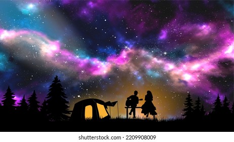 Happy Couple In Silhouette Playing Guitar Near Campfire And A Tent. Night Sky With Milky Way Stars At Background. Fantasy Art. Love Romantic Concept. Imagination Art. Dreamlike Illustration.